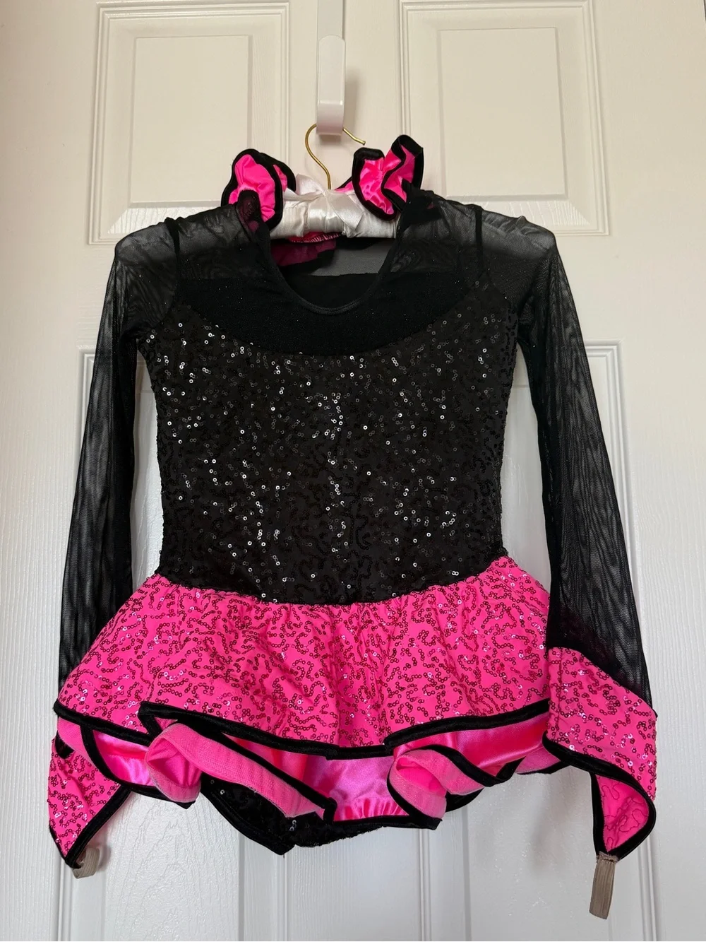 Weissman Black and Hot Pink Sequin Dance Leotard + Ruffled Skirt - Medium Child